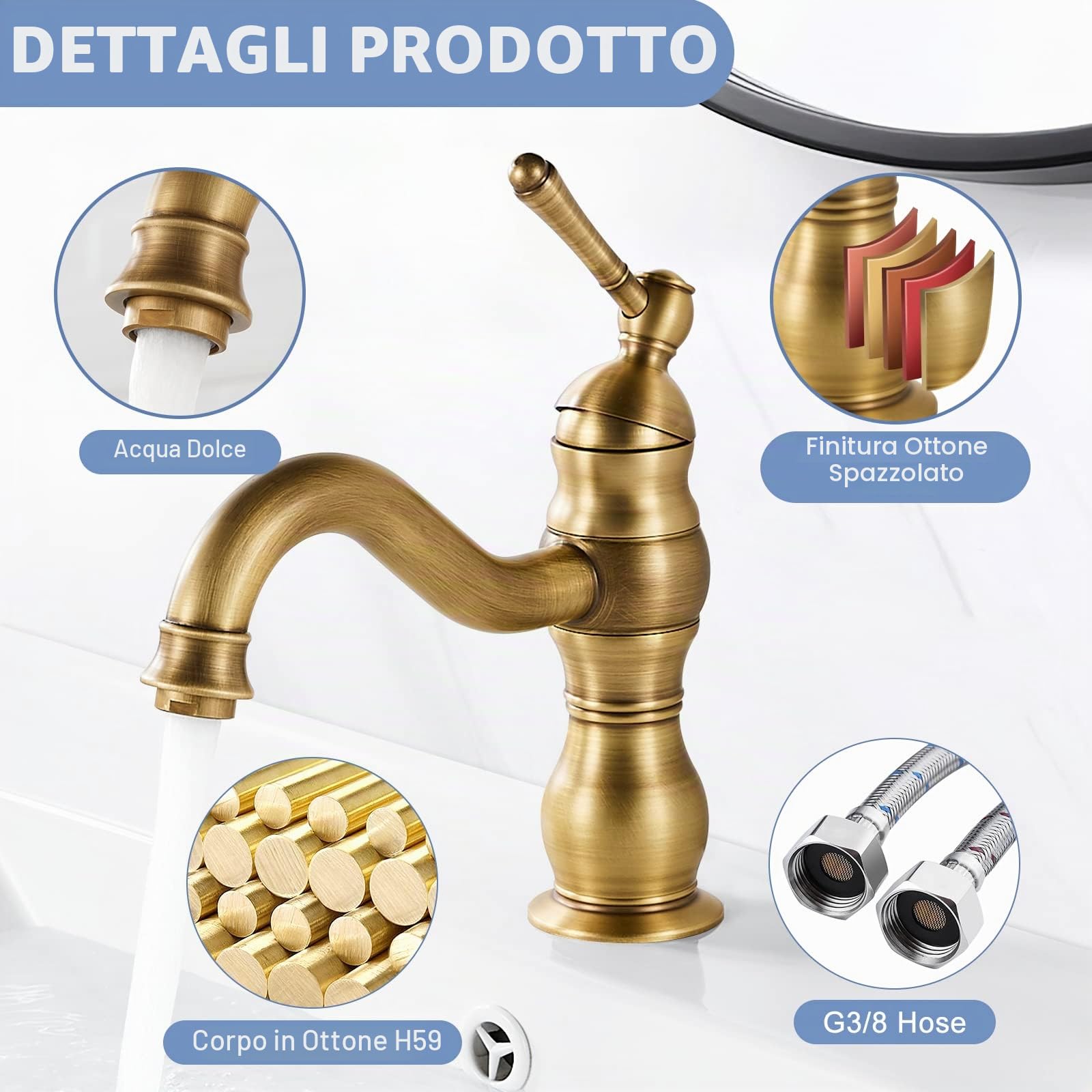 kisimixer Rubinetto Bagno Lavabo Ottone Antico, Miscelatore Lavabo Bagno Vintage Girevole a 360°, Rubinetto Bagno Monocomando Con Finitura Dorata Sterile, Calda e Fredda del Rubinetto