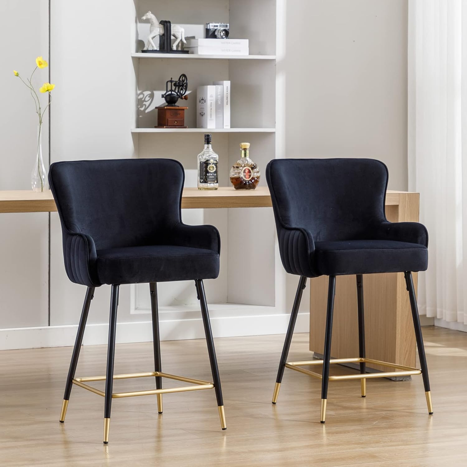 ZSARTS 26 Inch Black Velvet Counter Height Bar Stools Set