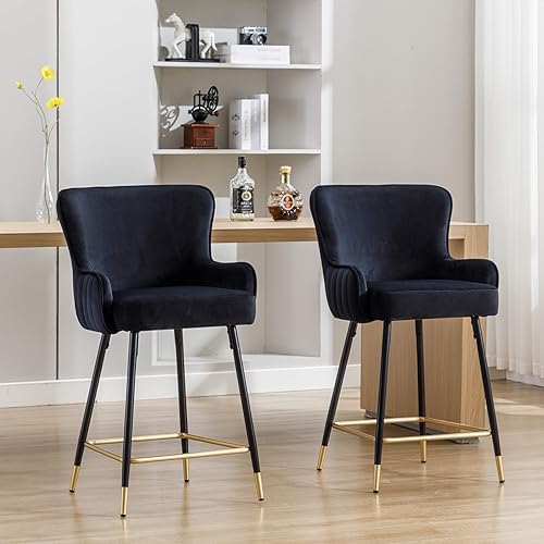 ZSARTS Juego de 2 taburetes de bar de terciopelo negro de 26 pulgadas, modernos taburetes de isla de cocina dorados con respaldo de ala, sillas de