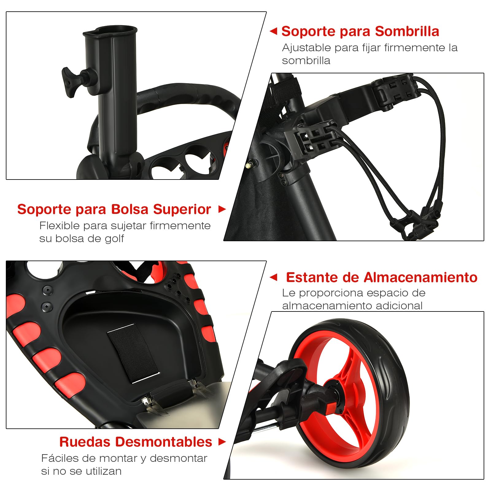 GYMAX Carrito de Golf Plegable de 4 Ruedas, Posiciones de Altura Ajustables, Ligero, con Soporte para Paraguas Ajustable, Bolsa Impermeable, Refrigerador Incorporado, Freno de Pie