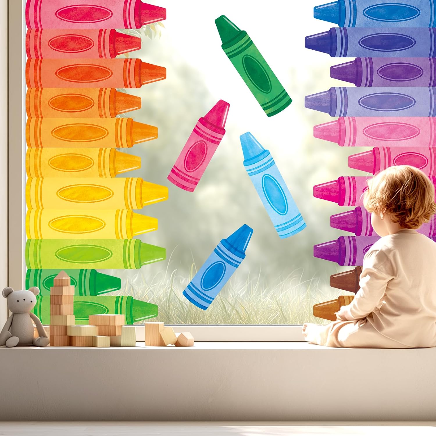 DECOWALL Color Crayon Window Clings – Double-Sided Pencil Window Stickers for Classroom, Kids Bedroom, Playroom & Nursery Decor, Reusable Static Cling Art (CDS9-9007)