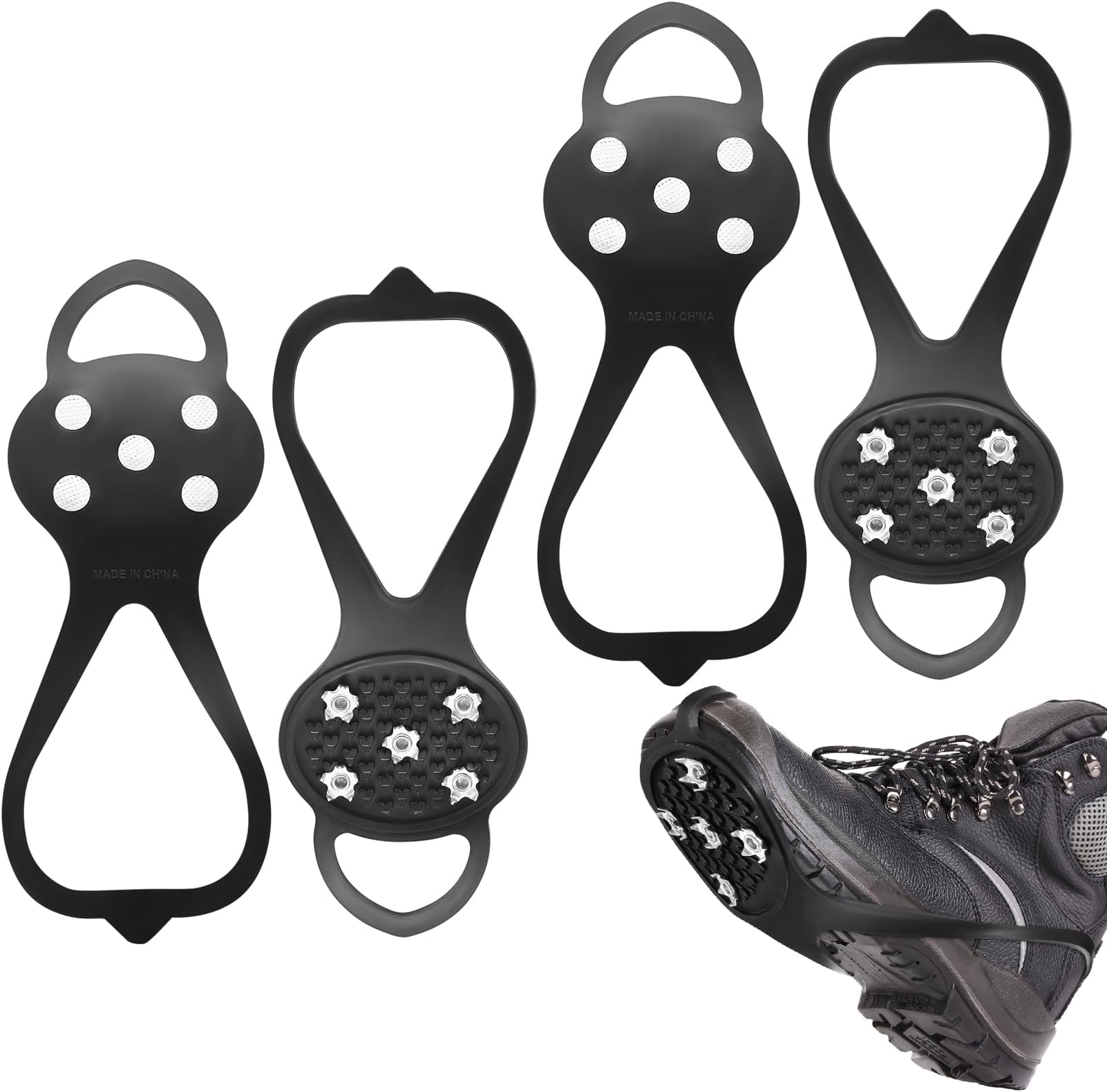 2 Pairs Ice Snow Grippers for Boots and Shoes, Ice Snow Grips, Traction Cleats Crampons for Hiking Boots Shoes, Anti Slip Snow Spikes Over Shoe Boot Ice Grippers with 5 Studs for Hiking Climbing