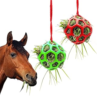 Horse Treat Ball Hay Feeder Toy, 2 Pack Goat Feeder Ball Hanging Feeding Toy, Horse Goat Sheep Relieve Stress, Horse Treat Ball Hay Feeder Holder for Goat Sheep Horse Paddock Rest Relieve Stress
