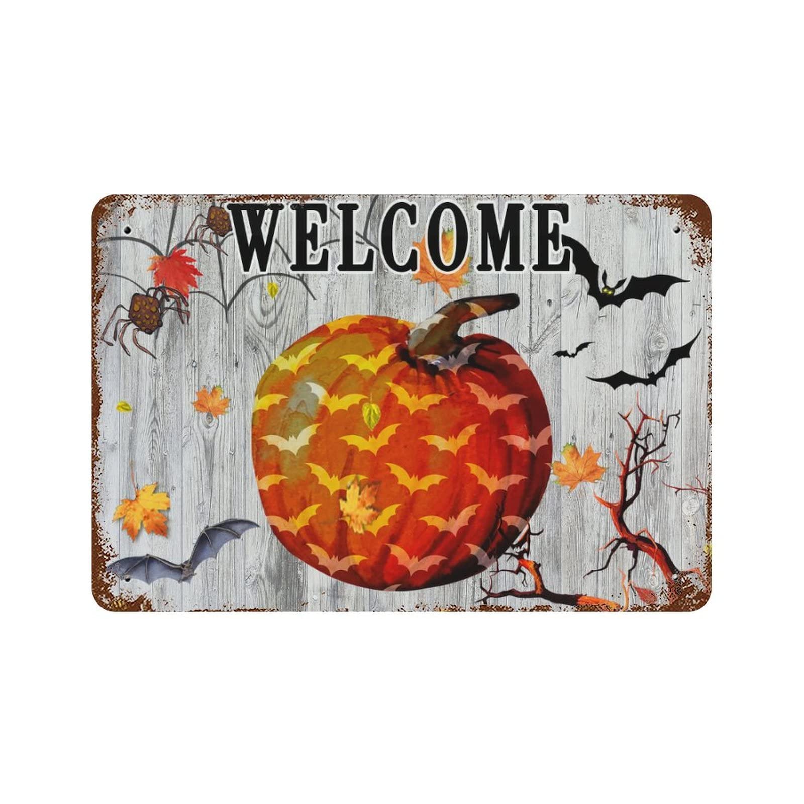 Panneau en métal à grain de bois citrouille de bienvenue Halloween extérieur