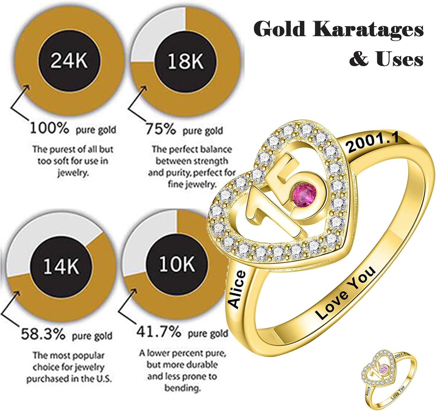 10k 14k 18k Gold Sweet 16 Rings Personalized Sixteen 15th Birthstone Ring Real Sold Gold Name Engraving Ring Birthday Jewelry for Daughter Sister