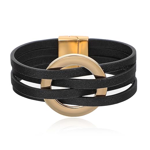 Leather Bracelets Circle Charm Trendy Boho Cuff Bracelet Layered Bangle with Clasp Hand Wrist Jewelry Western Stacked Strand Braided Leather Bracelets Multilayer Stackable Bangle Wrap