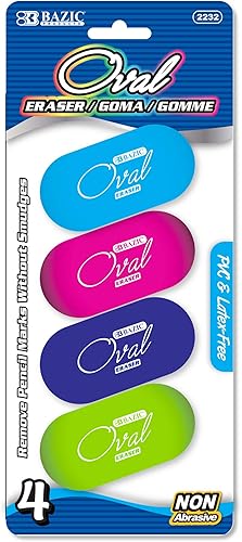 BAZIC - Borradores ovalados de color brillante (paquete de 4) sin látex, borradores de bloque de gran tamaño para dibujo artístico, escuela,