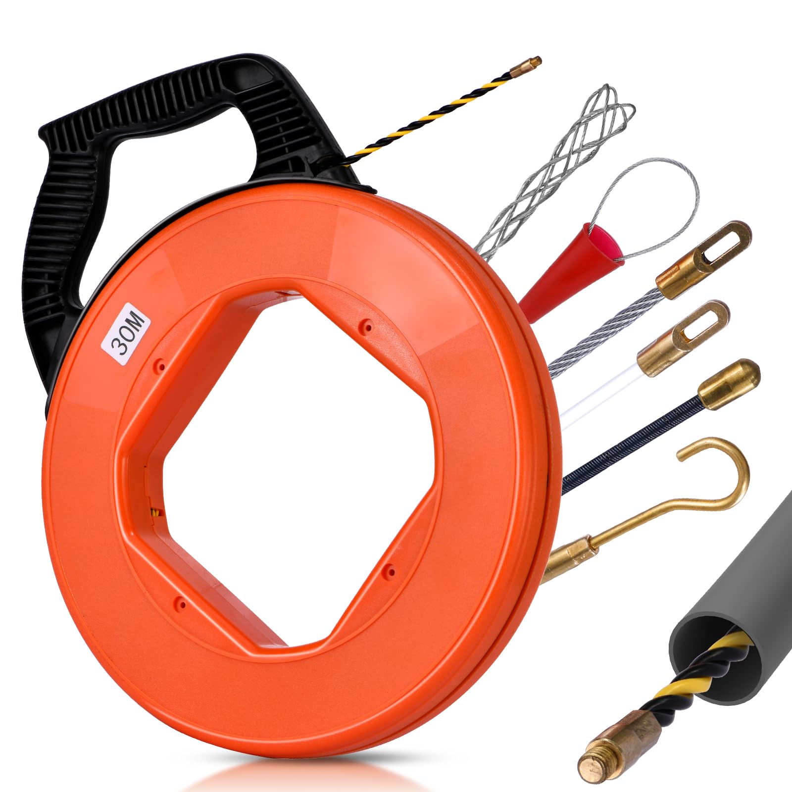 Hancaner 【6mm】 Electrical Fish Tape, Fish Tape Wire Puller 100FT x 6mm, PET Wire Pulling Tools 6 Adapters Pull Wire, with Shatterproof Cable Retractable Spring, Max.Tensile Strength 300KG