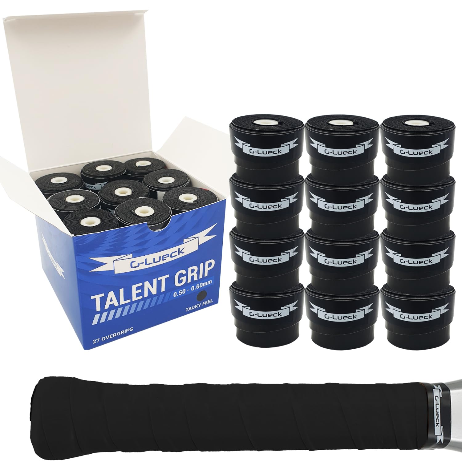 G-Lueck 27x Tennis Overgrips Talent Grip Griffband in umweltfreundlicher Verpackung | 0,60mm Stärke | Für Squash Badminton Schläger & Golf inkl. Selbstklebendem Abschlußband | sehr griffig (Schwarz)