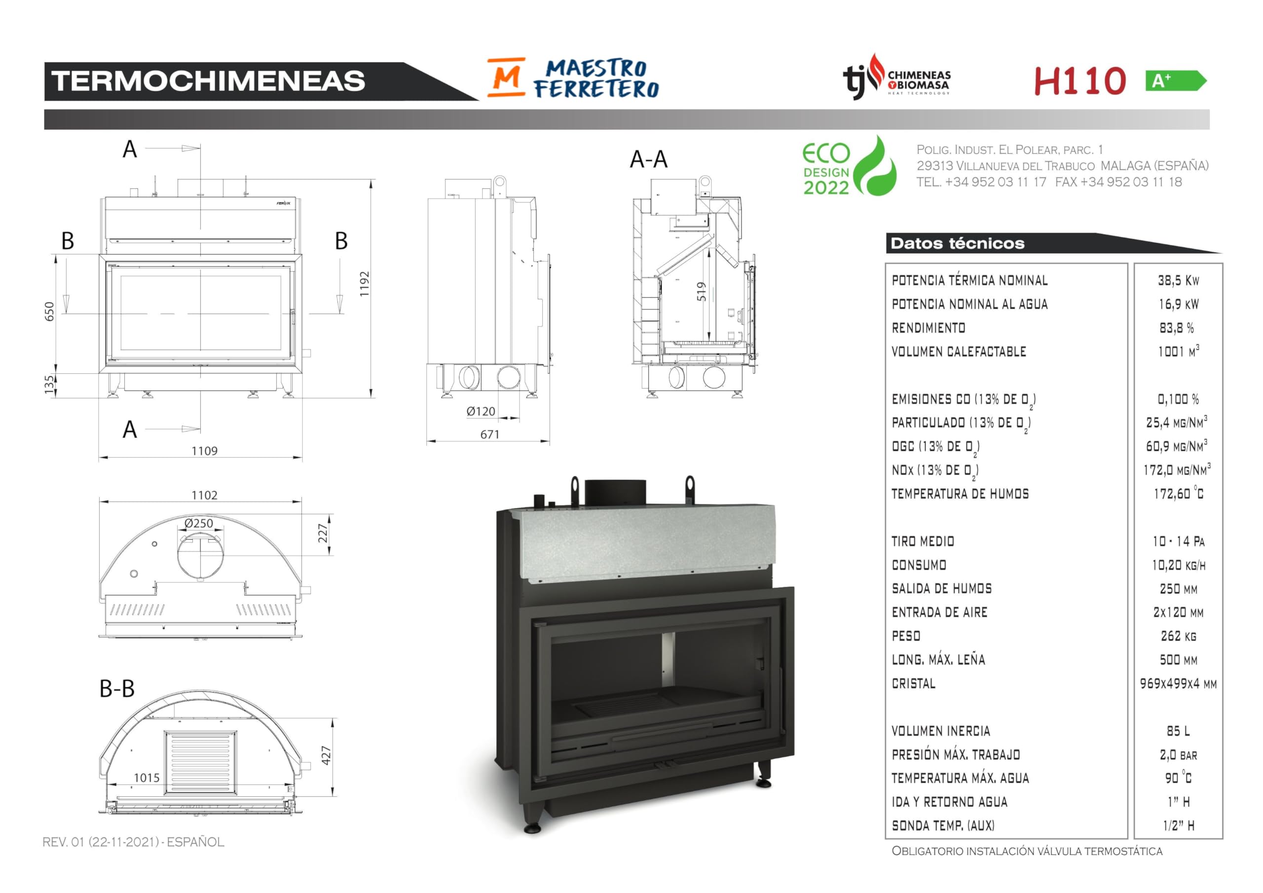 Chaudière à bois H110 38,5 kW chauffage central 400 m² rendement 83,8% sortie fumée 250 mm