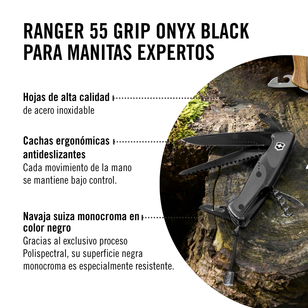 Victorinox Ranger Grip 55 Onyx Black, Navaja de 130 mm con 12 funciones, incluyendo hoja con bloqueo y sierra para madera, de color negro
