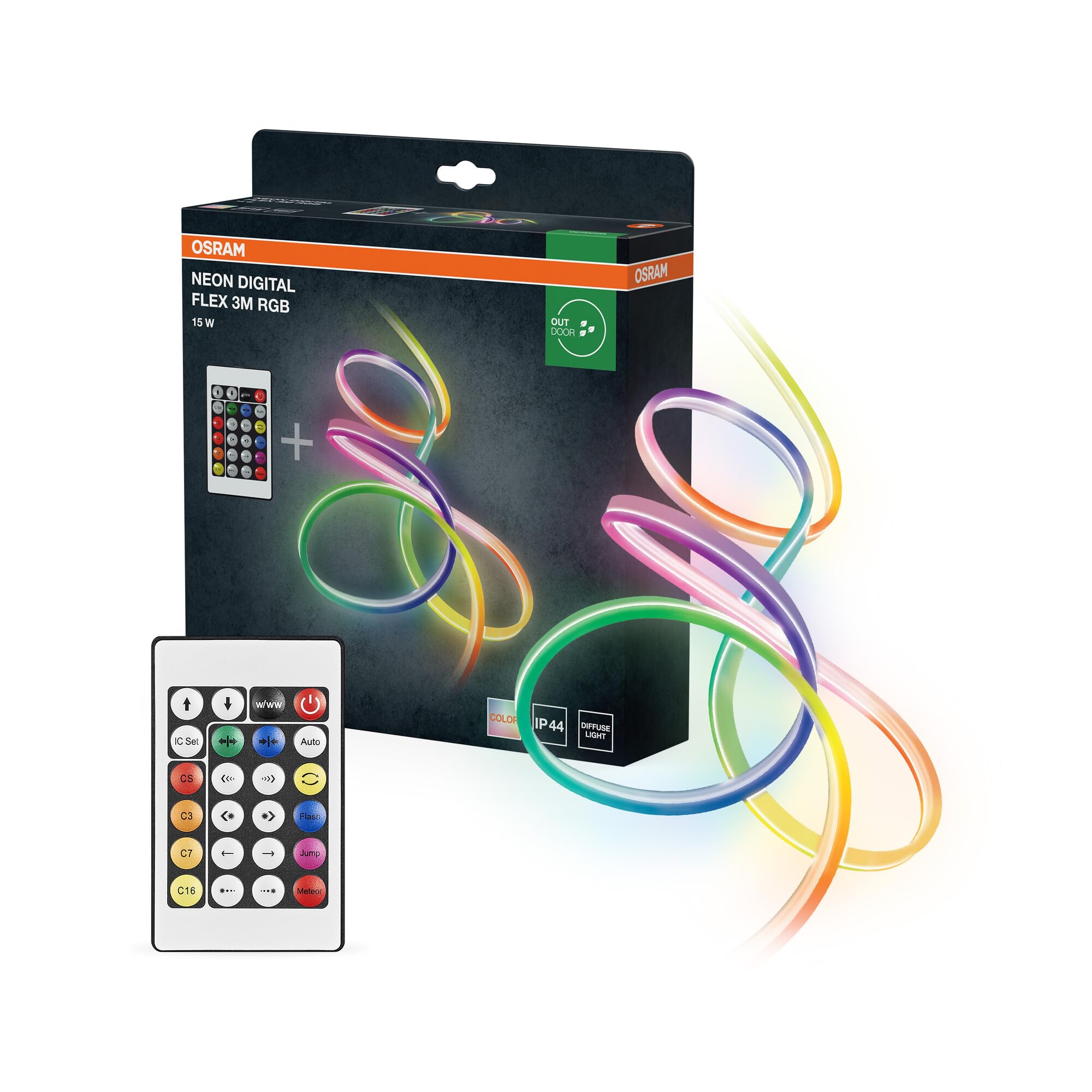 OSRAM Neon Digital Flex Cintas LED Multicolor Exterior 3M RGB + RC Silicona Protección IP44, Iluminación Indirecta y Directa para Jardín y Balcón | Neon Digital Flex IP44, Outdoor Lighting (Special), dia, 30000 h, paquete de 1