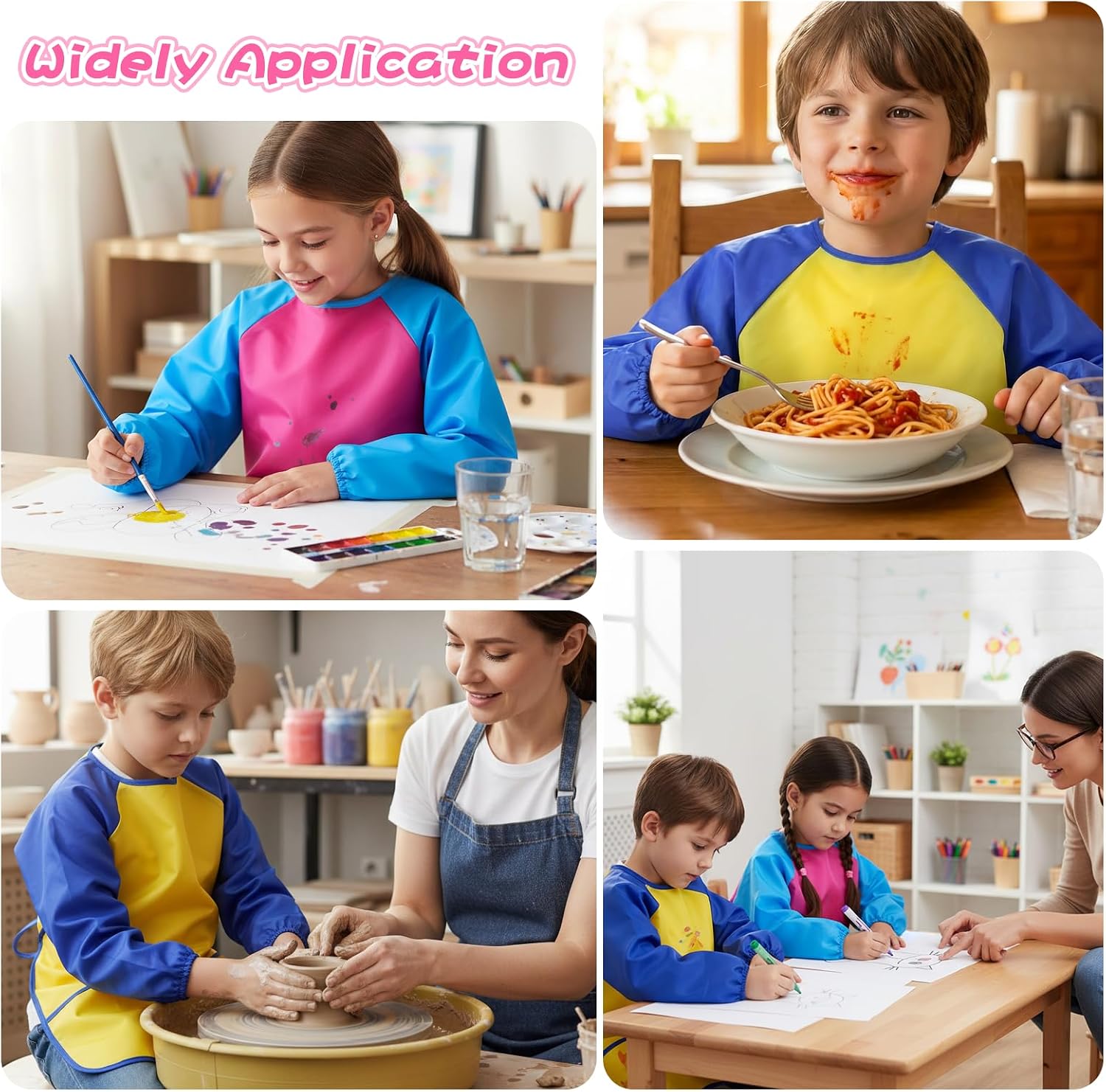 12 Pcs Kids Art Smocks, Waterproof Toddler Art Smock with Long Sleeve 3 Pockets 4 Colors Children Painting Aprons for Age 5-8 Years