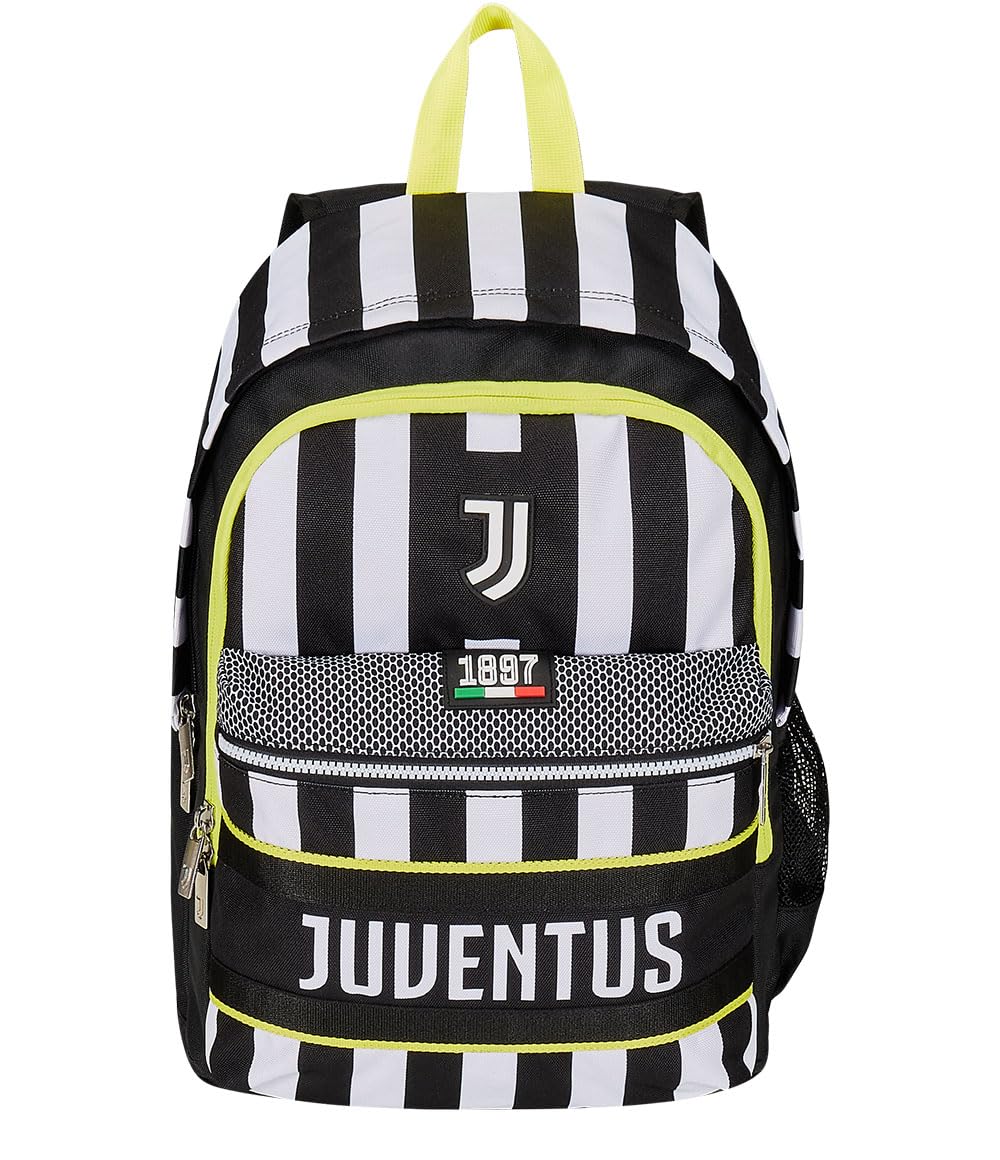 Seven Zaino Scuola Estensibile F.C. JUVENTUS Calcio -WIN IS THE RULE, Bianco Nero - Zaino Doppio Scomparto Sdoppiabile Tramite Zip e Con Tasca Porta Borraccia, Zaino Bambino
