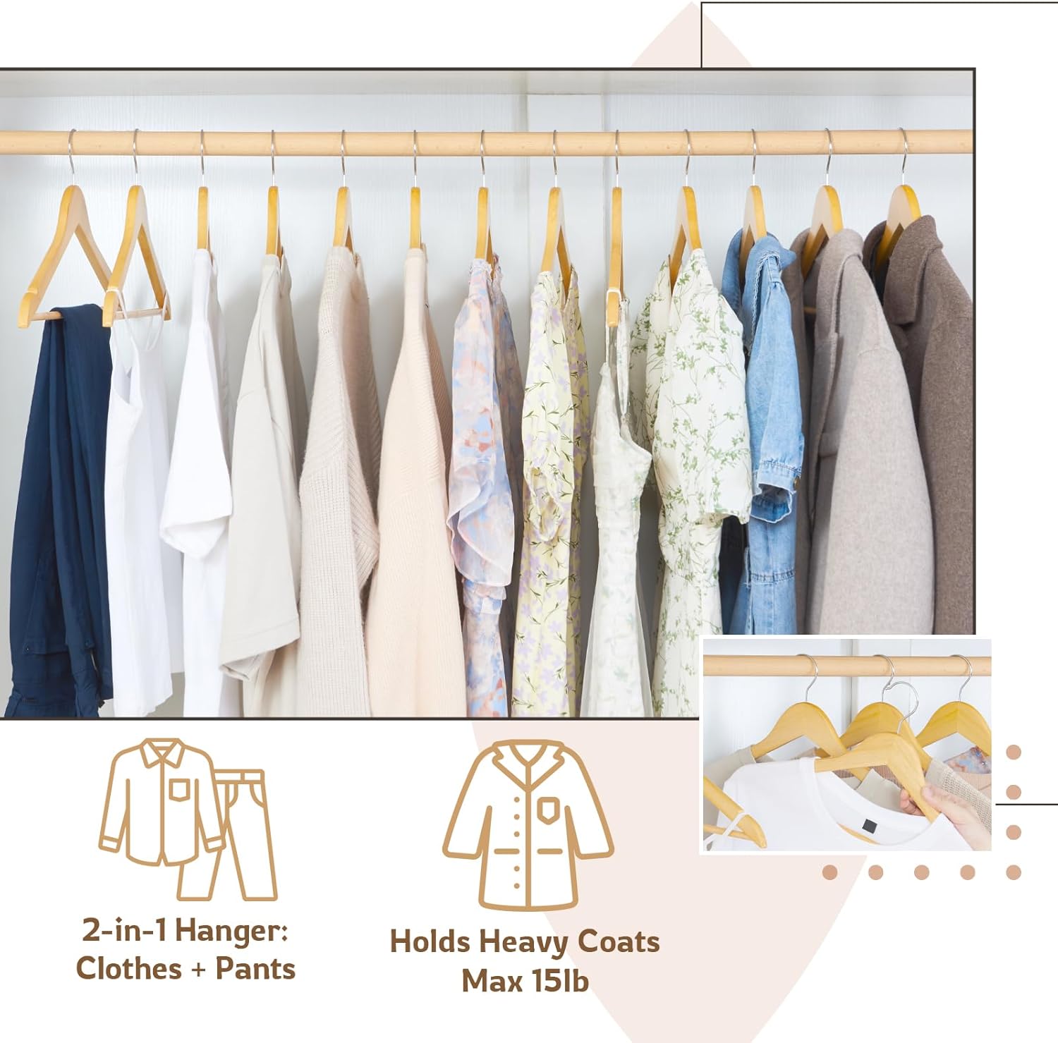 ELONG HOME Wooden Hangers, 20 Pack Wood Hangers with Extra Smooth Finish, Precisely Cut Notches and Chrome Swivel Hook, Wooden Clothes Hangers for Shirt Suit Jacket Dress