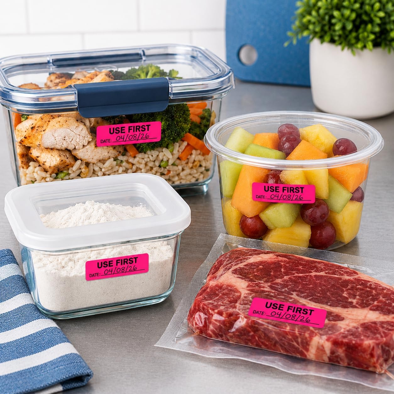 Use First Date Labels - 800 Fluoro Pink FIFO Write-On Paper Stickers, 0.5” x 1.6” (12mm x 40mm), 25mm Core, Pantry & Food Storage