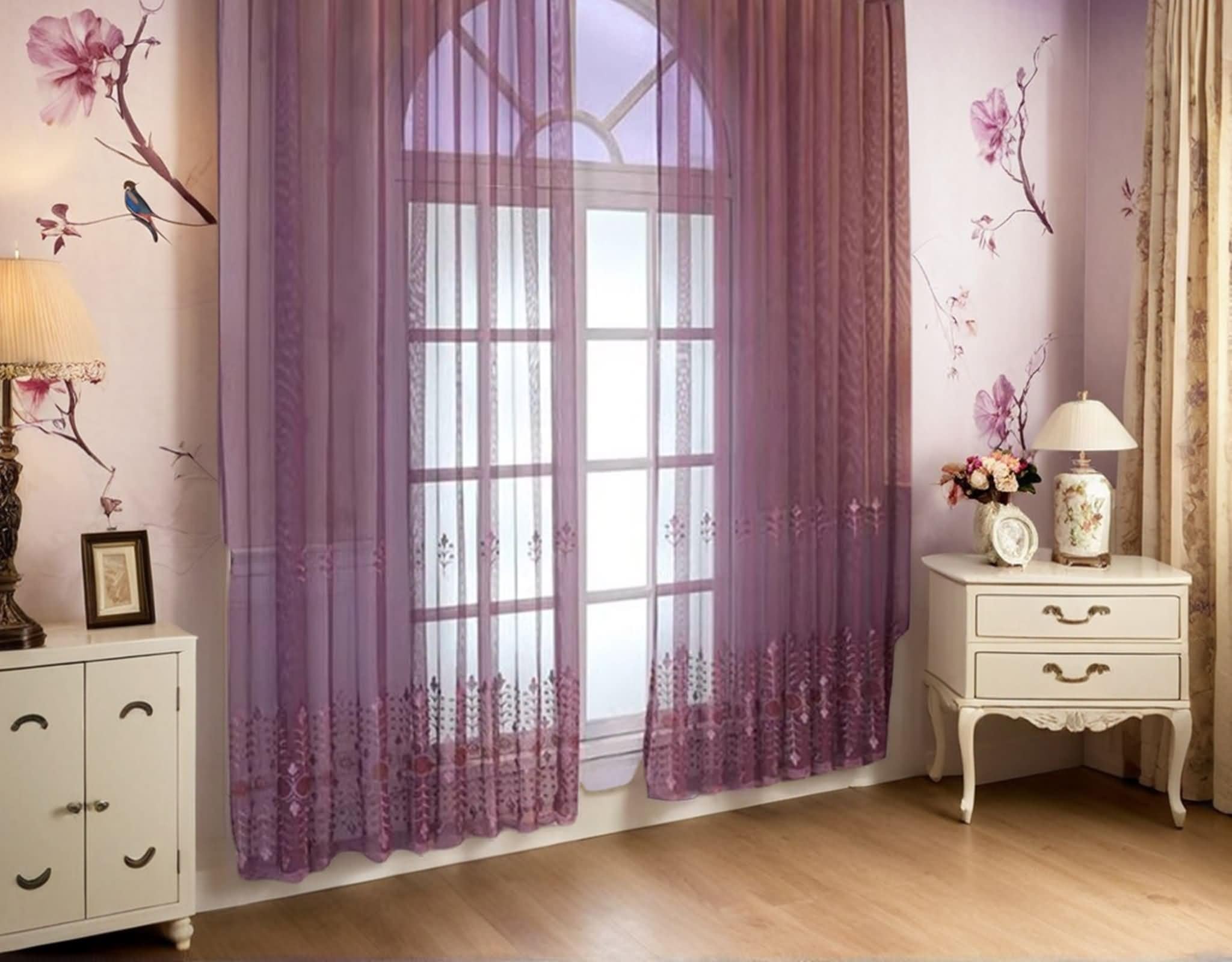 Voile Curtains, Rideau Transparent Violet Foncé Motif de Broderie en Dentelle Polyester Lot de 2 107W x 183L cm