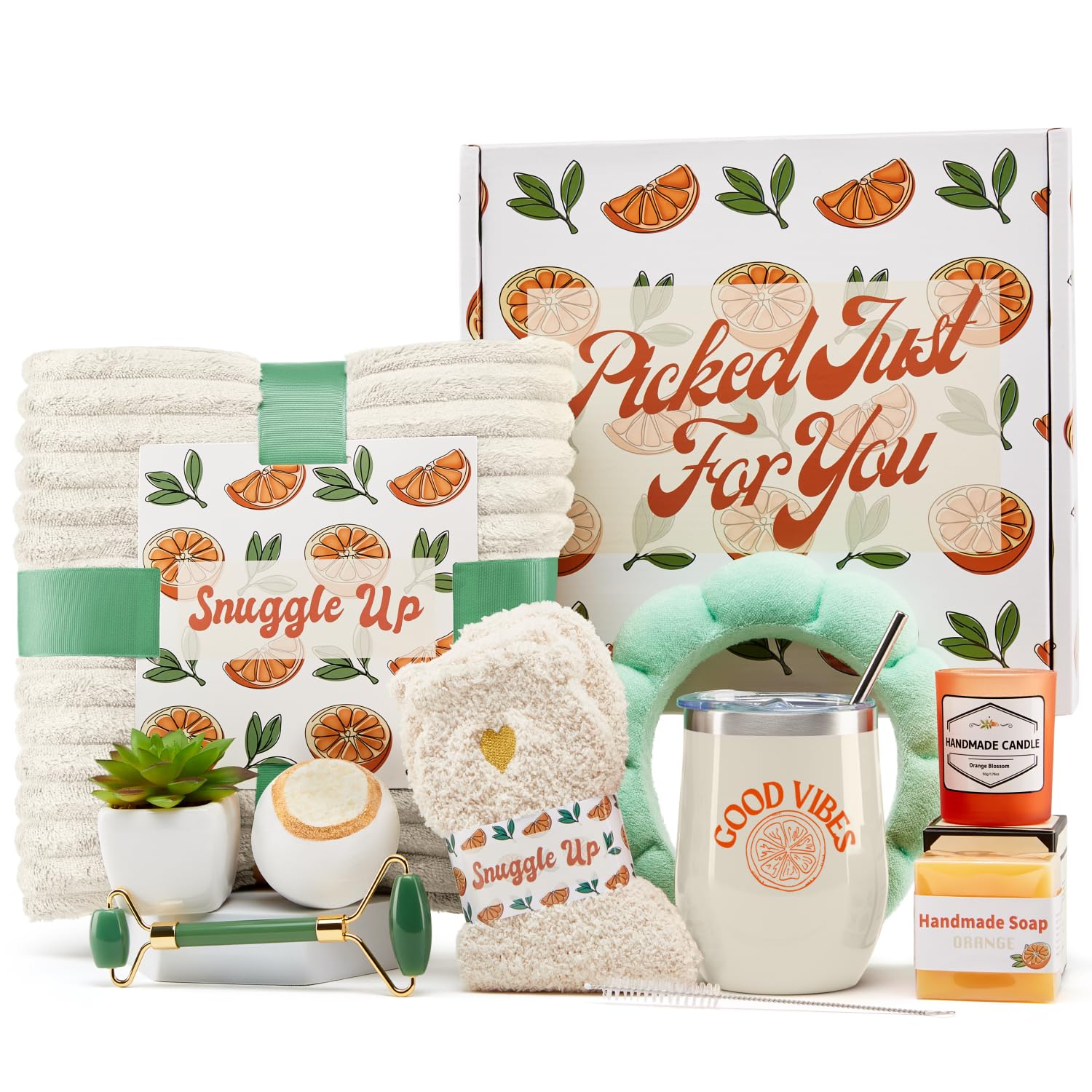 Sunny&Wise Care Package For Women - Designed in USA - Self Care Gifts After Surgery, Get Well Soon, Orange Fruit Themed, Thinking of You, 12 Oz Good Vibes Tumbler