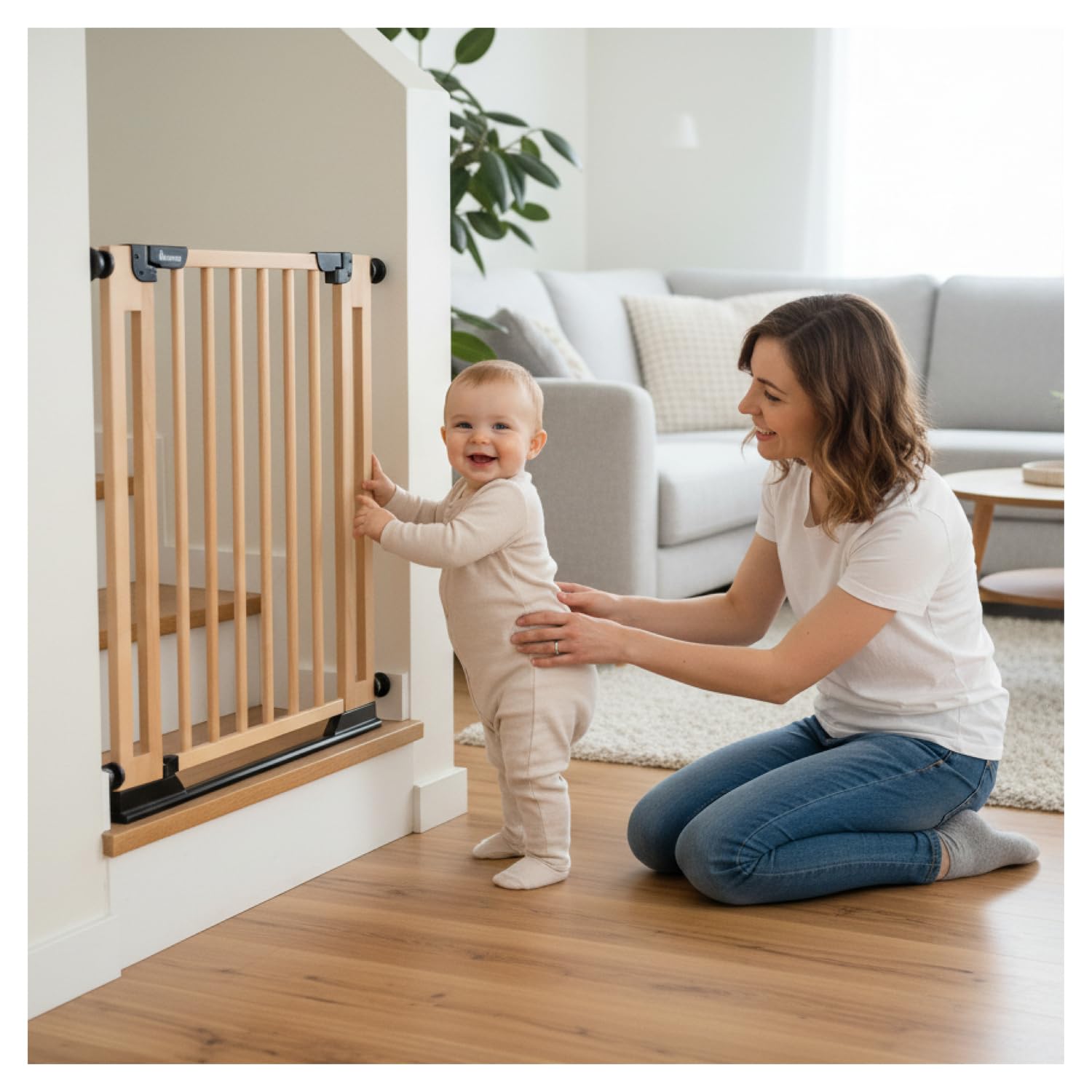 hauck Clear Step Easyclose Eco, Legno di Faggio - Cancelletto di Sicurezza Porte e Scale Interno per Bambini e Cani - Regolabile 75-80 cm con Viti Incluse - Alto 76 cm - Fissaggio Stabile con Fori