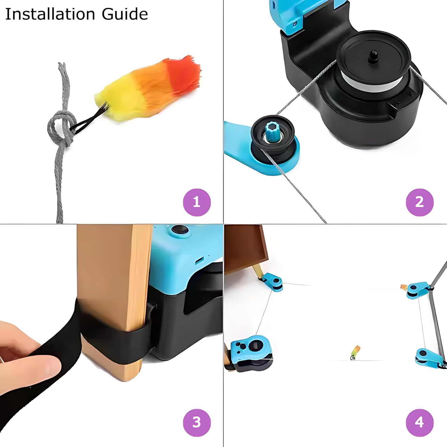 Four-panel image illustrating the installation steps: 1. Tying a feather to the string. 2. Threading the string through the main unit. 3. Attaching the main unit with a Velcro strap. 4. The assembled toy with string and attachments.