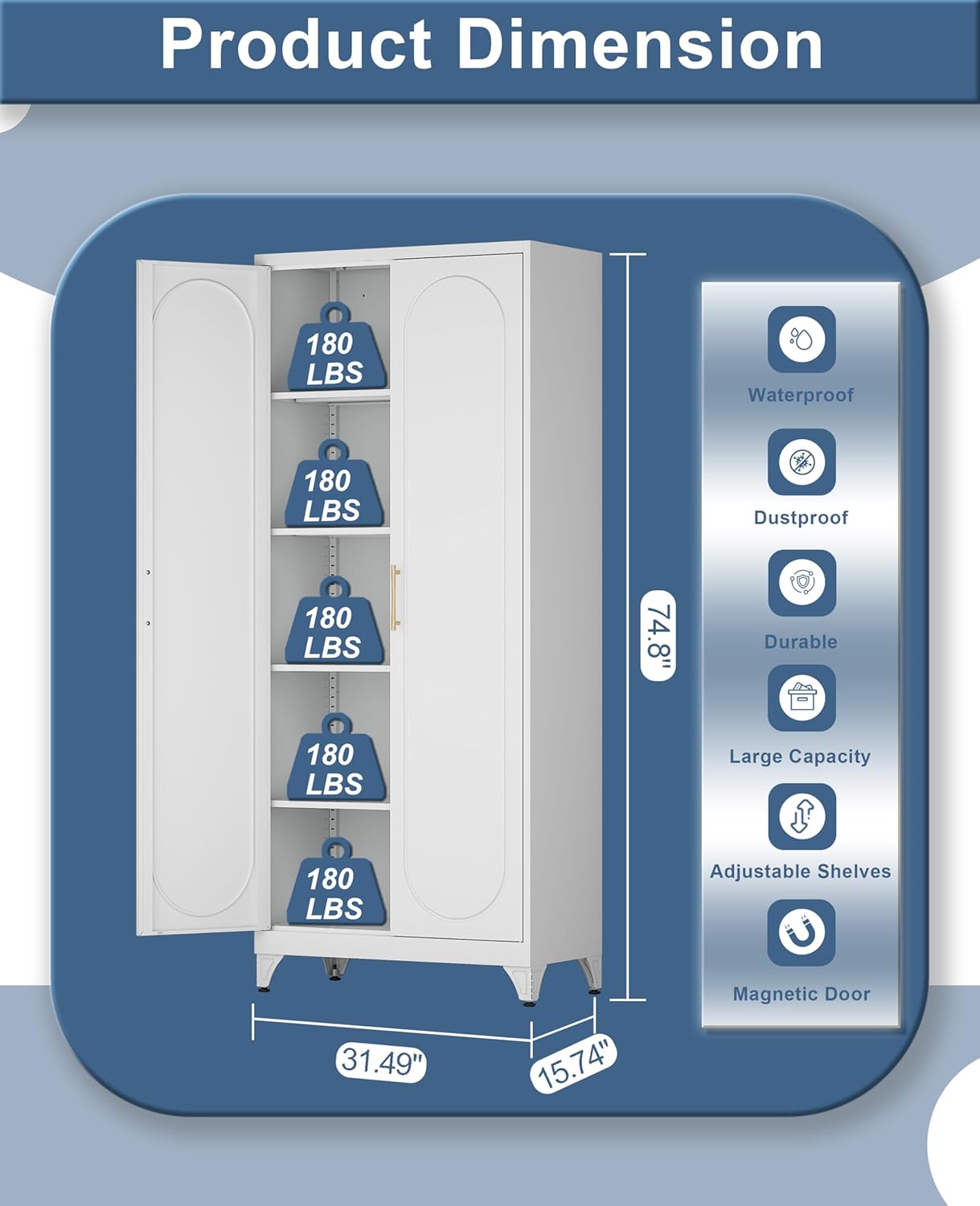 75" Tall Metal Storage Cabinet with 2 Doors and 4 Adjustable Shelves, Heavy Duty Steel Pantry Cabinet for Home Office, Kitchen, Garage and Laundry Room, White