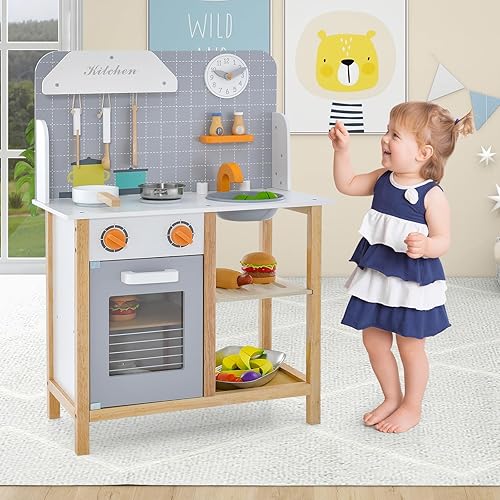 Miniatura 7 de HONEY JOY Juego de cocina para niños, juego de cocina de madera para niños pequeños con fregadero, estufa y horno, accesorios de cocina, armario de