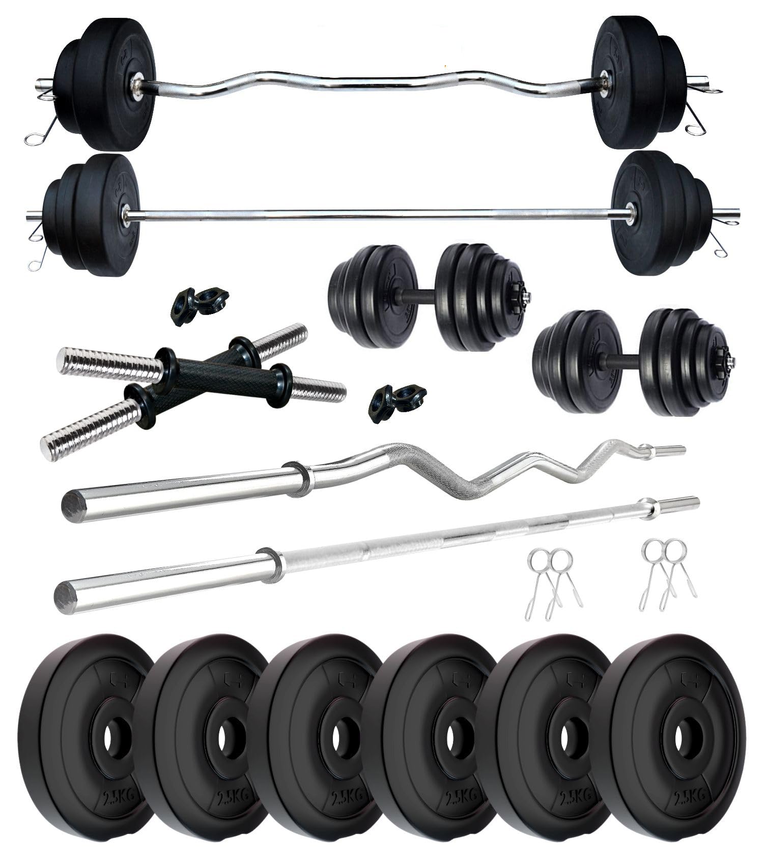 Kore PVC 15 Kg Home Gym Set with One 3 Ft Plain + One 3 Ft Curl Rod and One Pair Dumbbell Rods, Multicolour