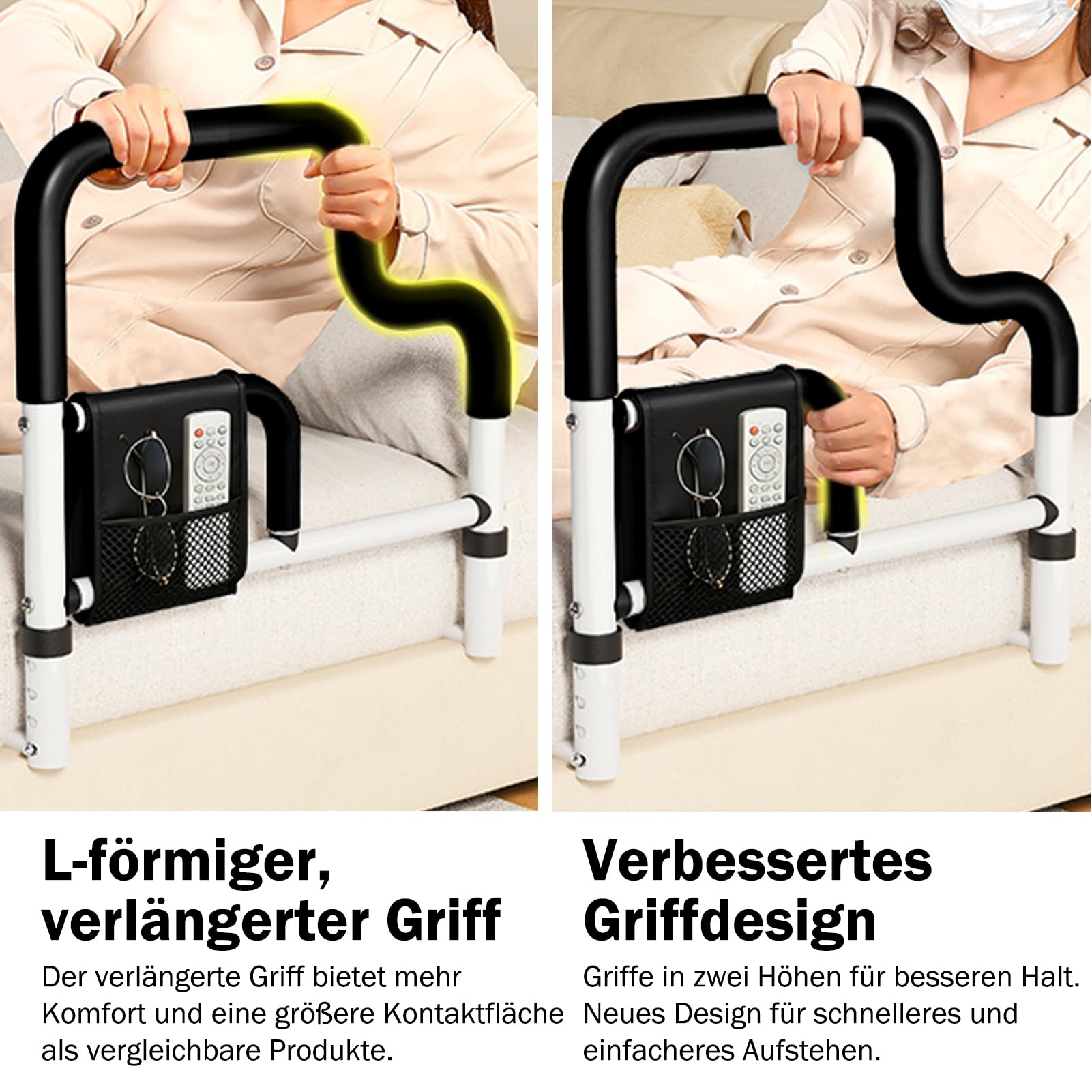 Aufstehhilfe Bett Senioren, Verstellbarer Bettgitter mit rutschfestem Schaumstoffgriff & Aufbewahrungstasche，Stabiler Metallrahmen, Sturzpräventionshilfe für den Heimgebrauch