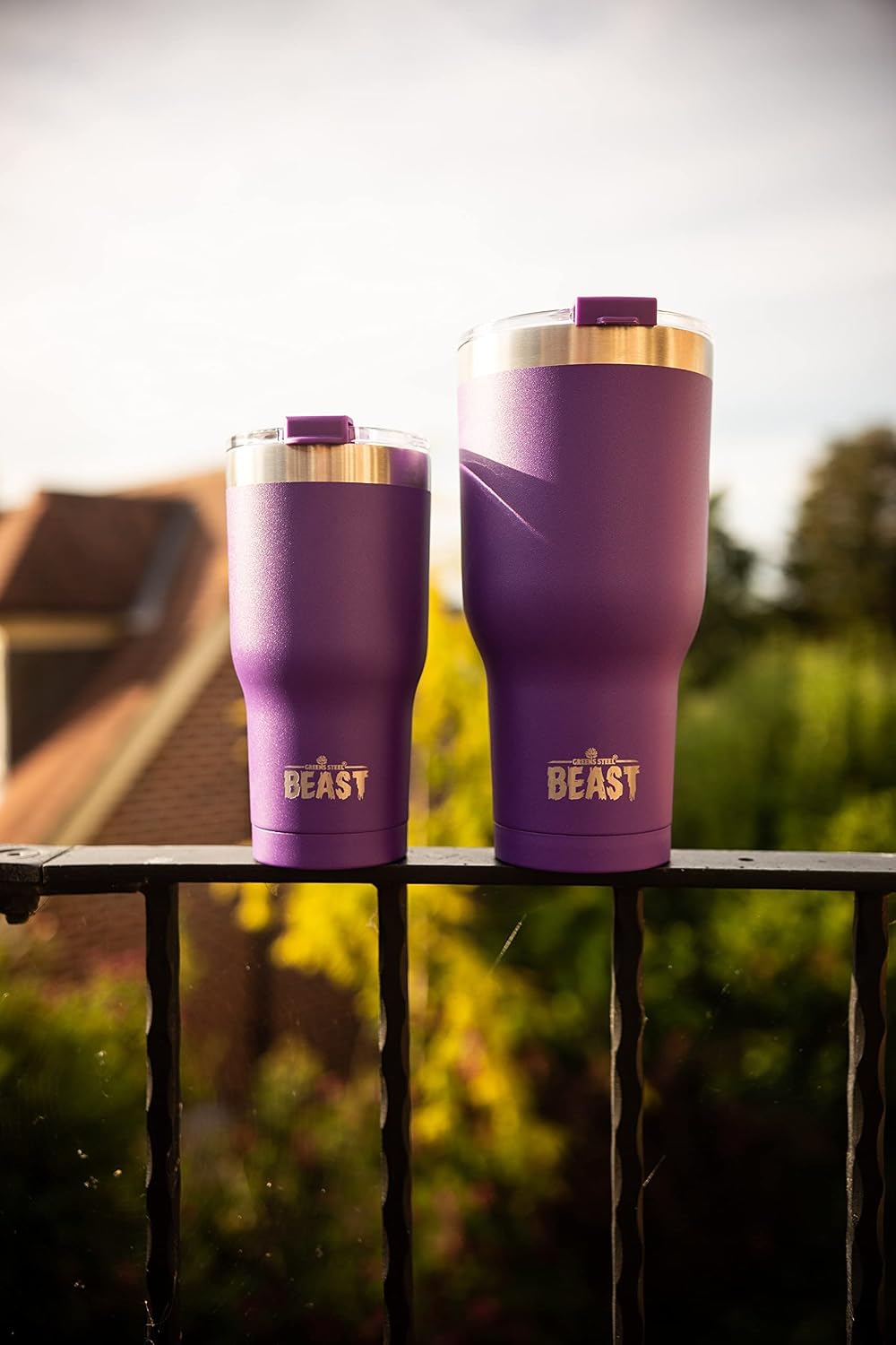 BEAST 40 oz Purple Tumbler Set with Handle - Stainless Steel Coffee Cup + 2 Straws Brush, Gift Box & Black Handle