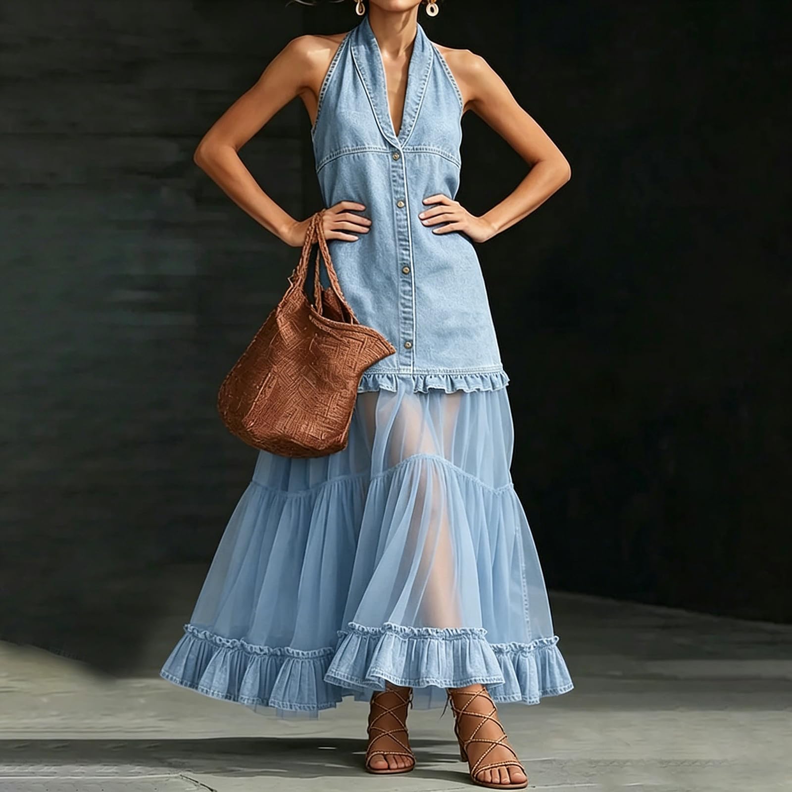 Vestido para Mujer Mangas con Panel De Encaje Volante Dobladillo En Vintage