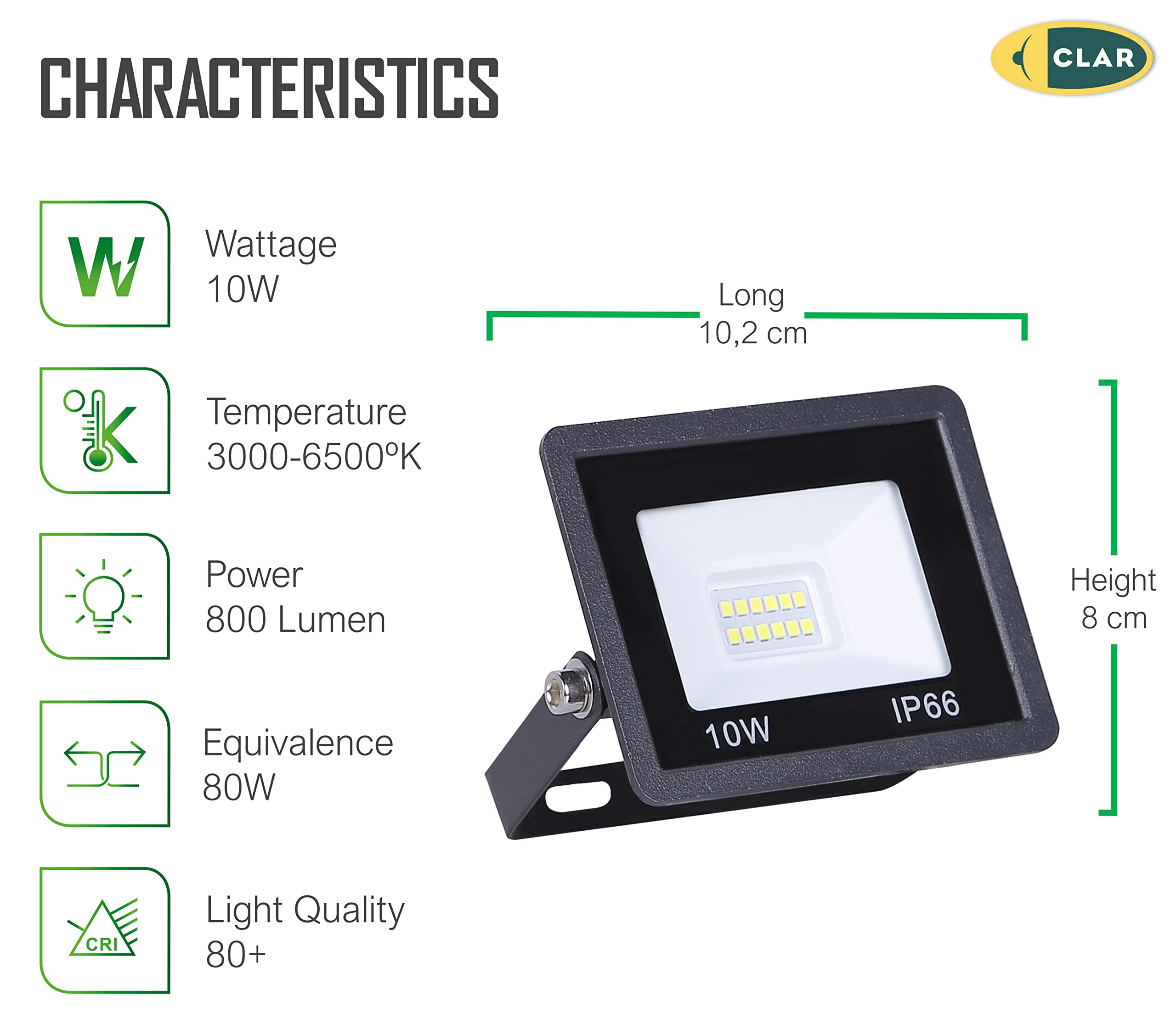 CLAR – Proyector LED exterior de 10 W, foco LED 3000 K, iluminación IP65 para jardín, terraza o fachada (pack 5)