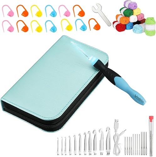Votris Ganchos de ganchillo iluminados, kit de ganchillo para principiantes, agarre ergonómico suave, luz recargable, 11 cabezales intercambiables,