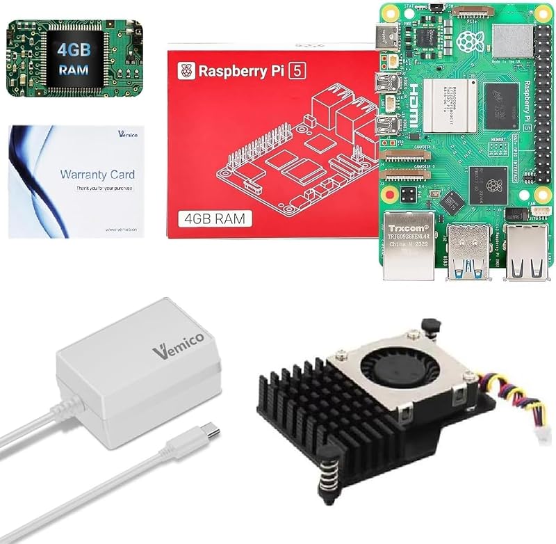 Vemico Raspberry Pi 5 4GB Kit with Active Cooler and 27W GaN Power Supply | Better Cooling with Active Cooler, 27W GaN 5.1V5A Power Adapter, Pi5 4GB Board Included, Ideal for AI, IoT, Robotics