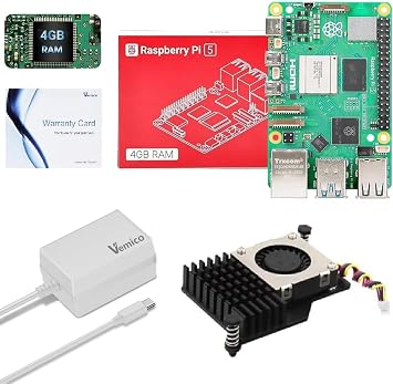 Vemico Raspberry Pi 5 4GB Starter Kit with Pi 5 4GB Single Board, Active Cooler & 27W GaN 5.1V 5A Type-C Power Supply, Ideal for AI/OpenClaw/IoT Projects
