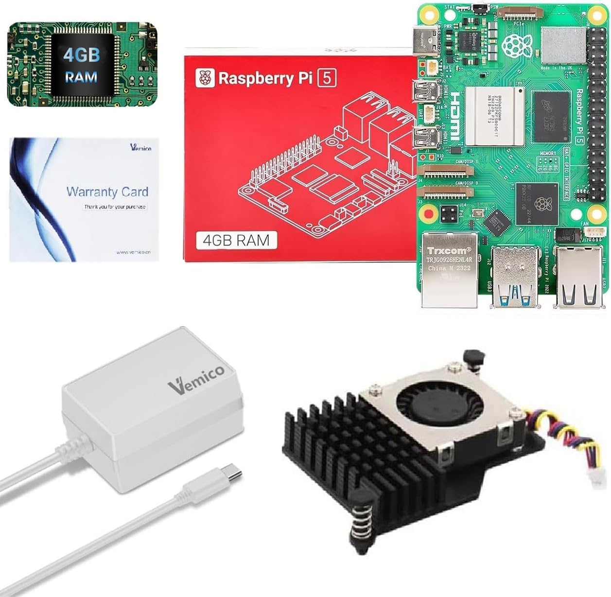 Vemico Raspberry Pi 5 Kit 4GB RAM con Active Cooler, Pi 5 27W 5.1V5A PD Type-C Alimentatore, Raspberry Pi 5 4GB Scheda Singola e Scheda di Garanzia Incluso