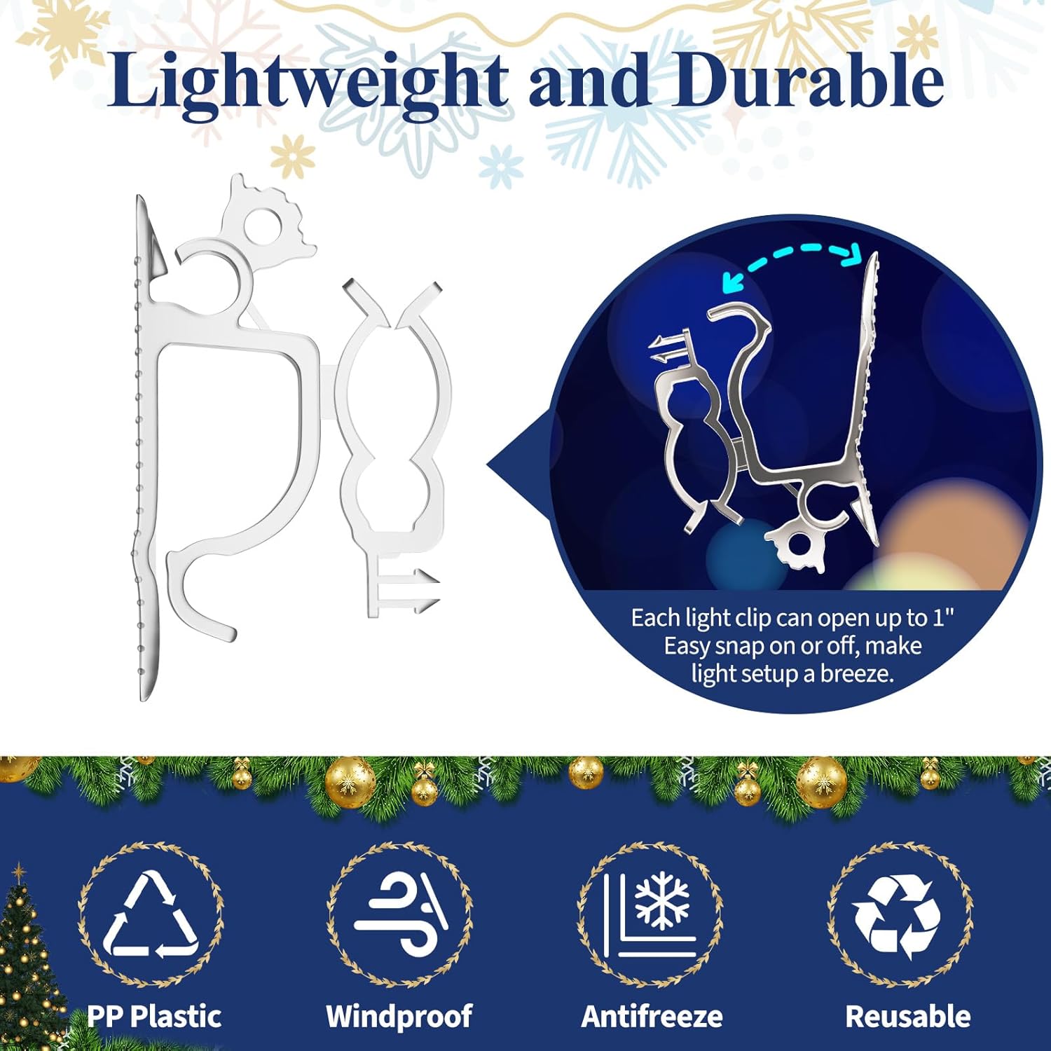 Holiday Light Clips [Set of 200] Christmas Outdoor Light Clips - Mount to Shingles & gutters - Works with Mini, C6, C7, C9, Rope, Icicle Lights - No Tools Required