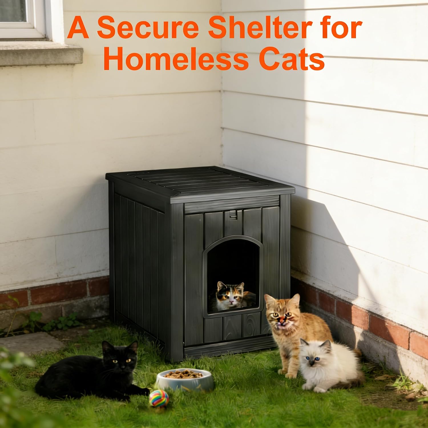 Zapdos Outdoor Cat House for Indoor– All-Weather Resin Insulated Feral Cat Shelter, Durable & Waterproof Weatherproof Pet Cat Condo for Garden Patio Backyard, Black