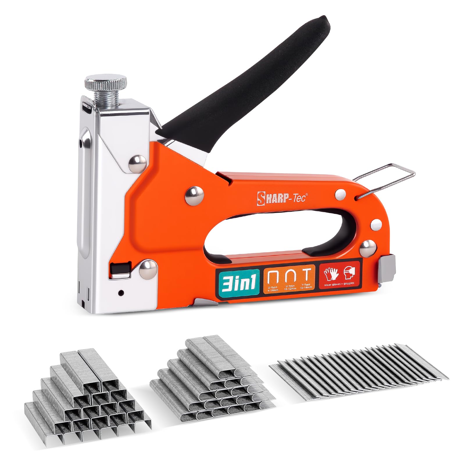 Sharp-tec 3-in-1 Staple Gun, Upholstery Staple Gun Kit with 3000 Staples, Staplers & Tackers with Quick-Jam Release for Wood, Cardboard, Crafts, DIY, Cable, Carpet (Orange)