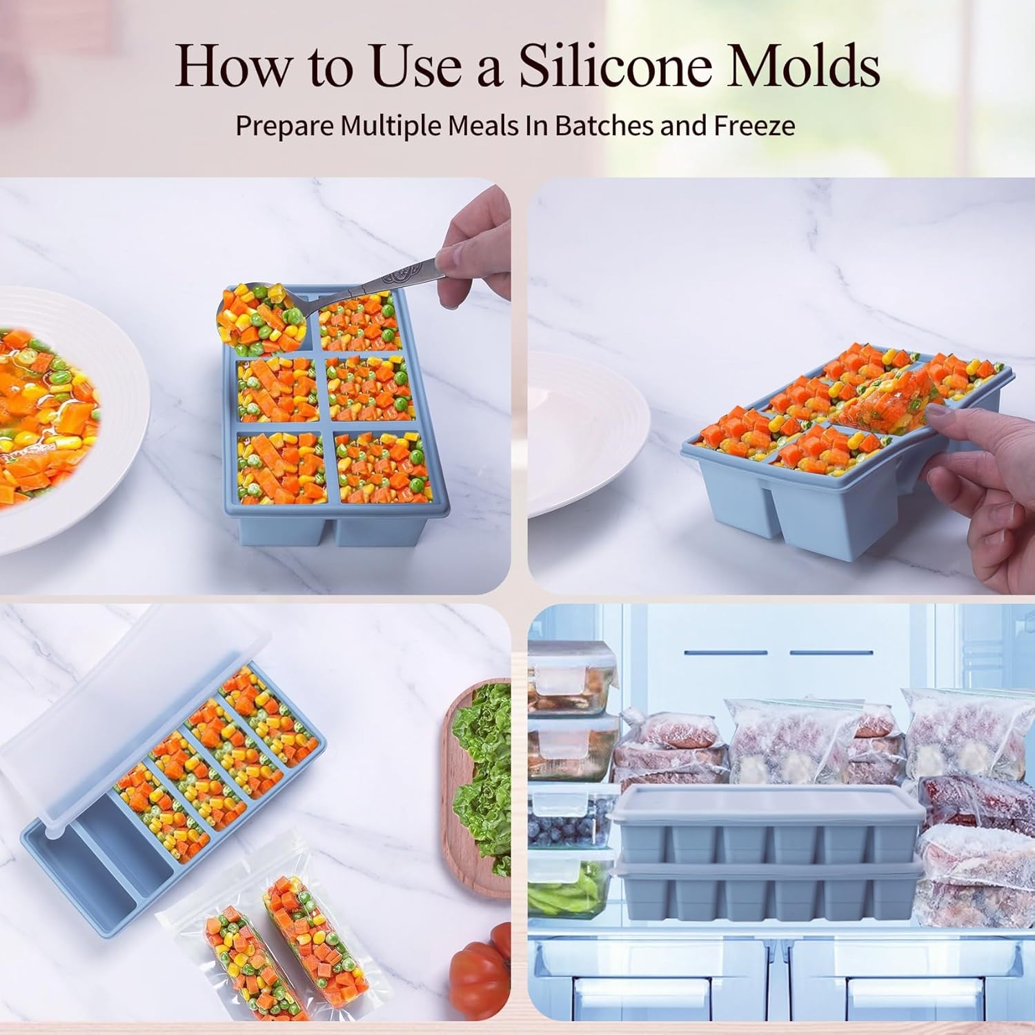 1/2 Cup Silicone Freezer Molds with Lid, 4-Pack Silicone Freezer Trays for Soup, Sauce & Broth – Meal Prep Containers, Large Ice Cube Tray, Oven & Dishwasher Safe (Blue 4 Pack)