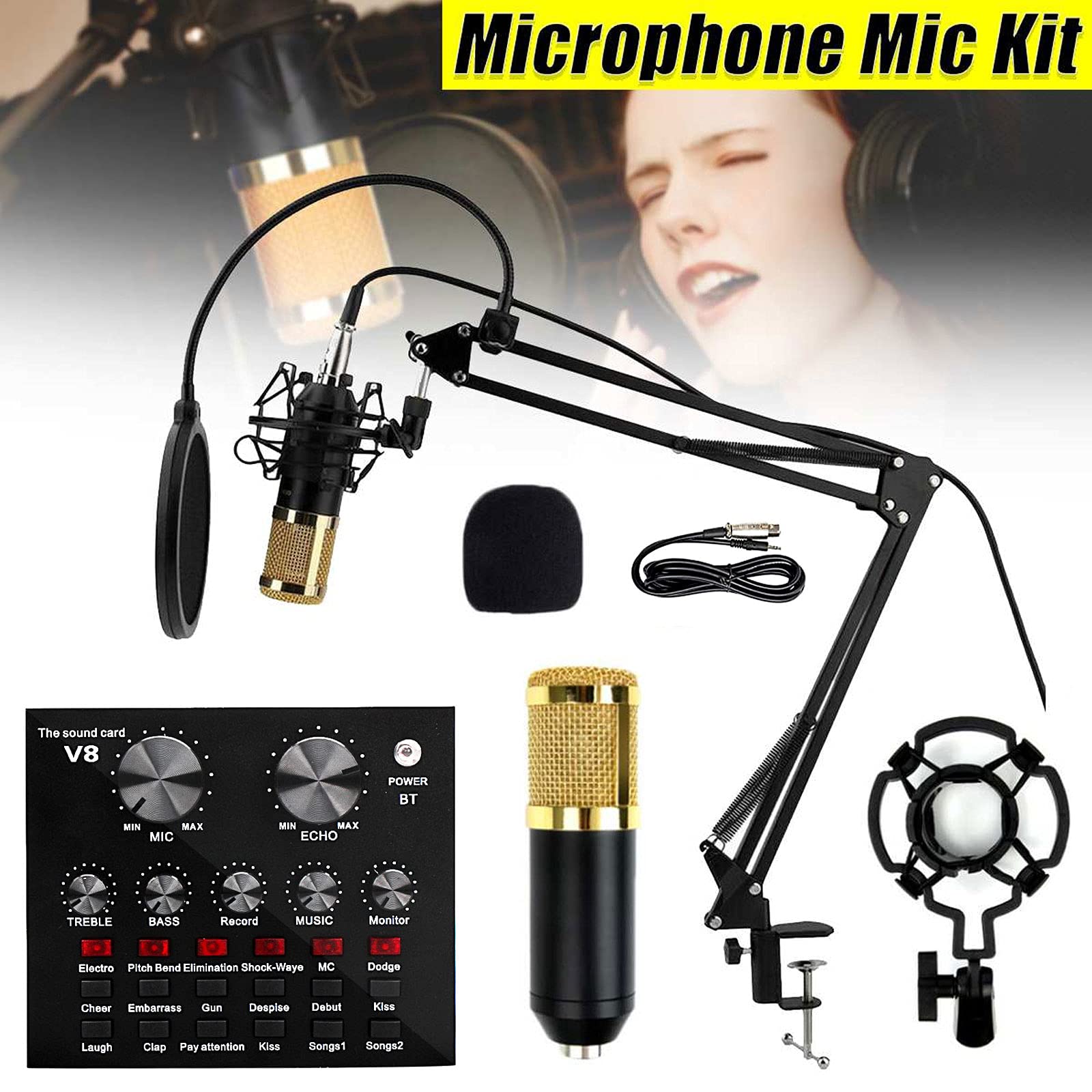 Pacchetto Microfono A Condensatore V8, Kit Microfono Bm-800 con Scheda Audio Live, per Registrazione, Voice Over, Streaming, Home Studio,
