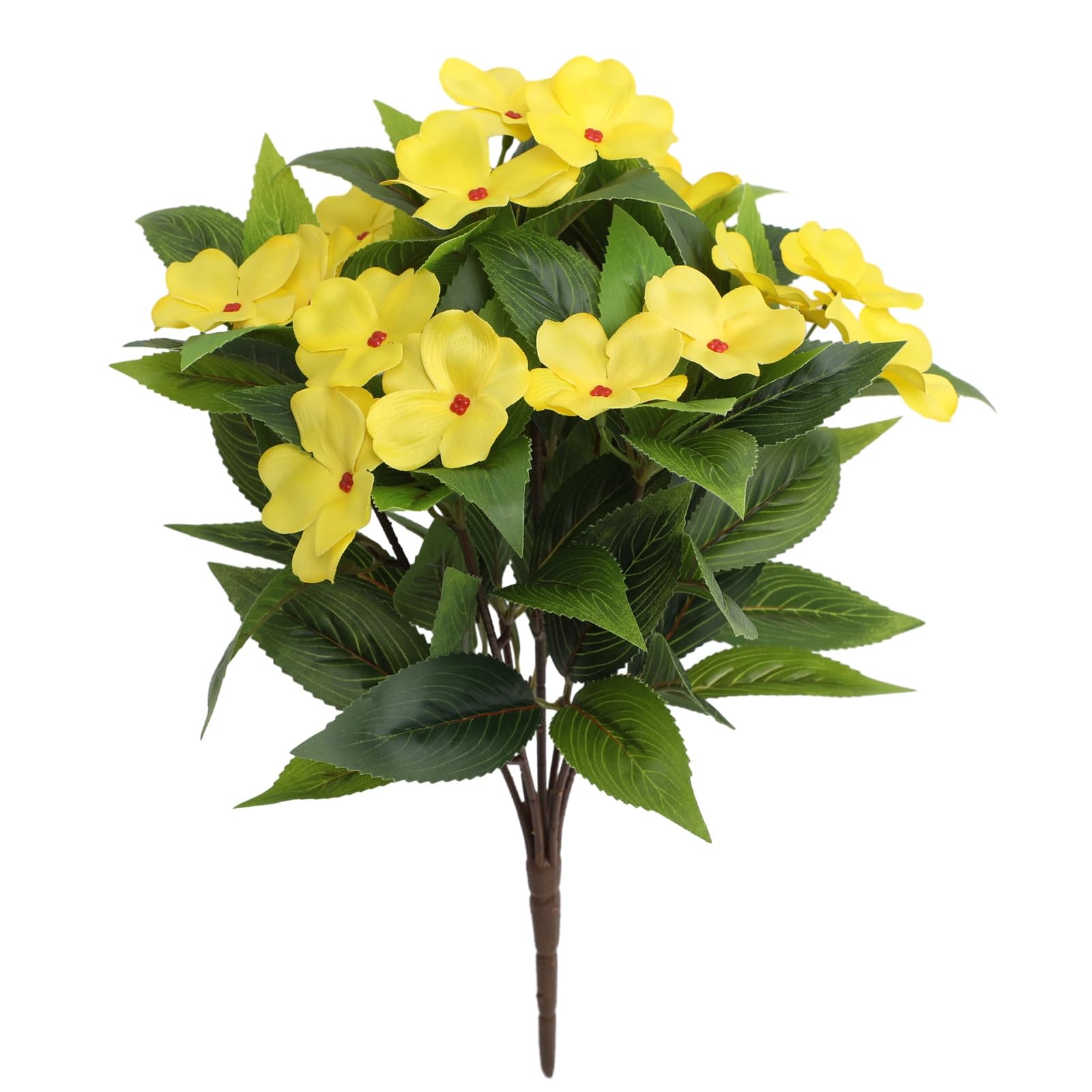 bayicie 8 Bundles Artificial Impatiens Flowers,Faux Impatiens Bushes Fake Silk Shrubs with Stake for Outside Front Porch Garden Window Box Planter Decor Yellow