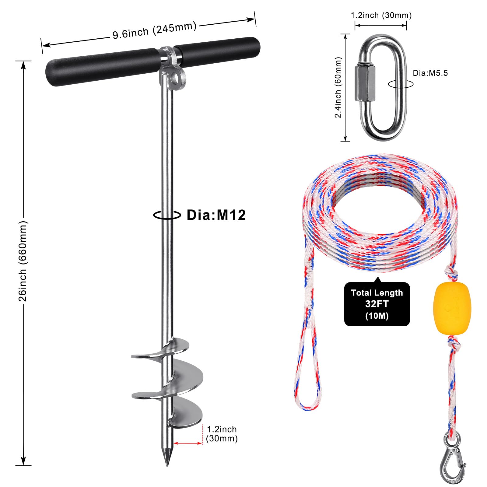Insaga Anker Boot,Bootsandanker mit 9,8 m langem Seil, 304 Edelstahl, 66 cm Bootsandanker mit Querstange, vollständig verschweißter Bootsanker zum Einschrauben, für Kajak, Jetski, Ponton,66 cm