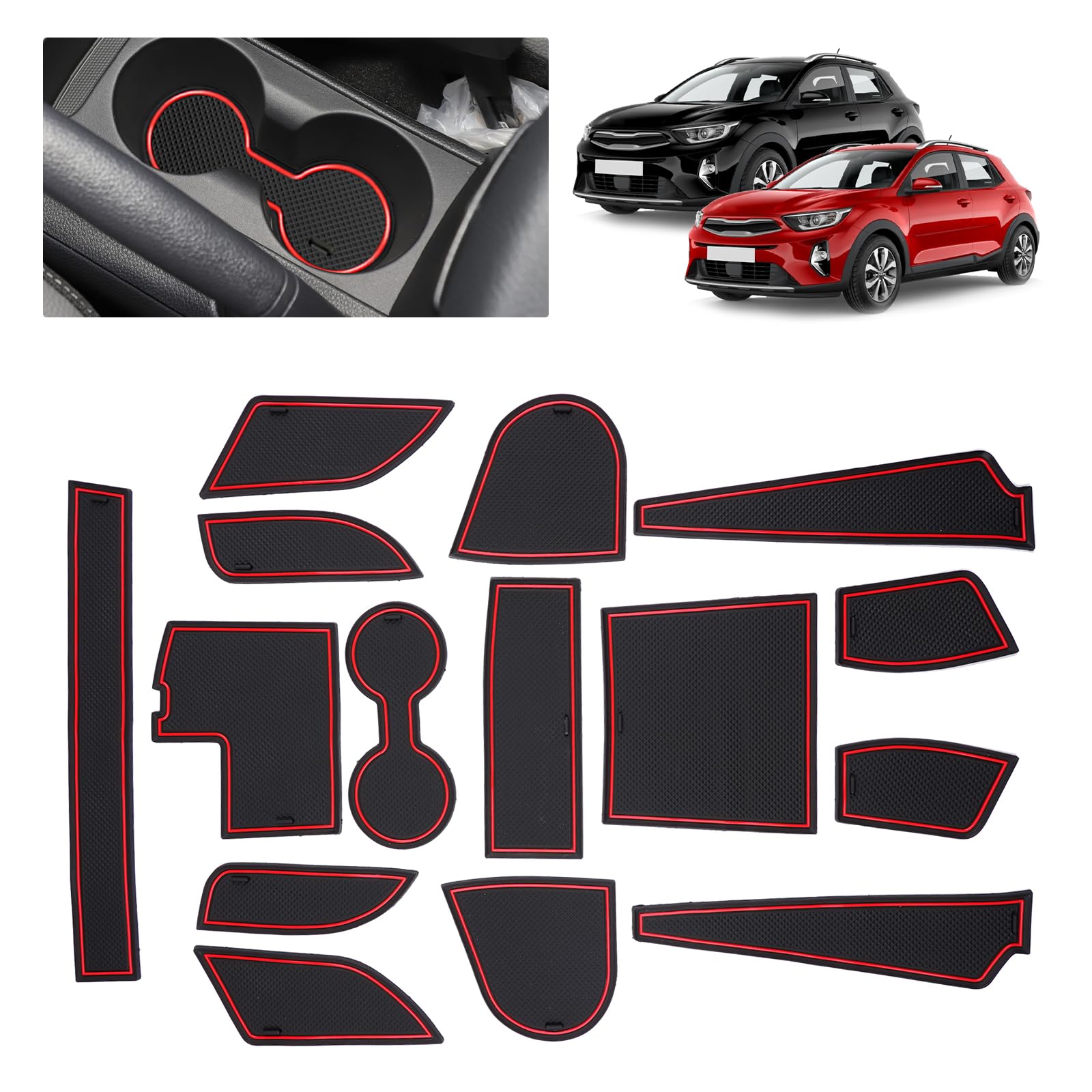 Compatibile con Kia Stonic 2018-2025 Tappetini Antiscivolo per Kia Stonic GT-Line S Tappetini in Gomma per Console Centrale, Porta Bicchieri, Scanalatura Porta (Rosso)