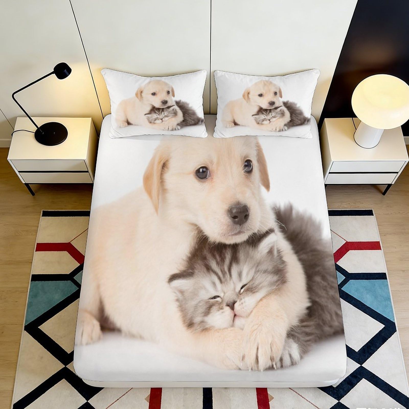3D Printed Puppy Kitten Fitted Sheet Microfiber Soft Mattress Cover for Bedroom Dorm Easy Wash Animal Decor 120x200x25cm