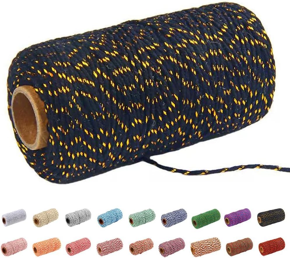 2mm Twine，328 Feet Twine String Thin Cotton Twine Rope,10ply Black Gold Cotton Twine