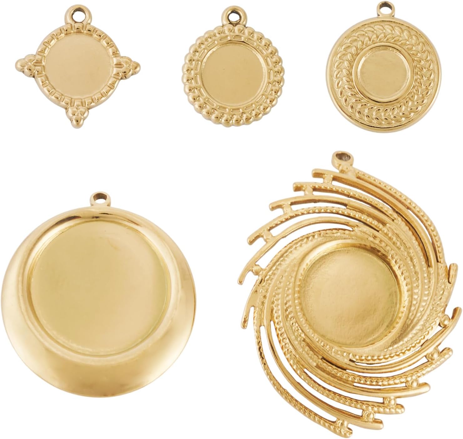 5Pcs Blank Bezel Pendant Trays 5 Styles Pendant Cabochon Settings Flat Round 304 Stainless Steel Setting for DIY Jewelry Findings Making, Gold