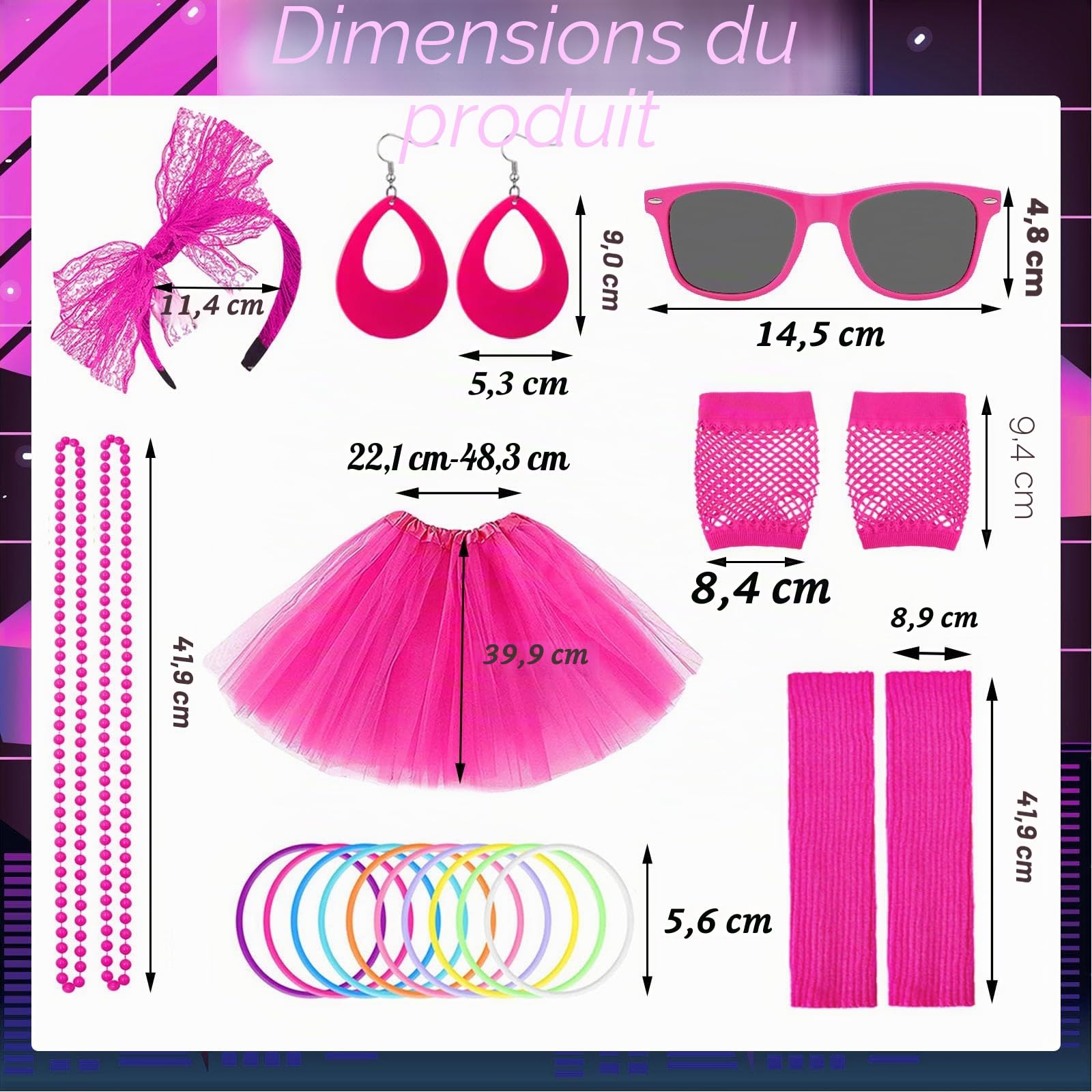 Ensemble d'accessoires de costume des années 80 pour femme avec t-shirt, jupe tutu, bandeau, boucles d'oreilles, collier, lunettes, bracelet, gants en résille et jambières pour fête rétro
