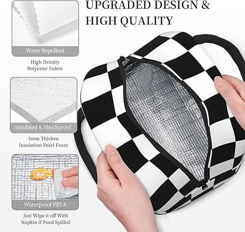 Miniatura 3 de Fiokroo Bolsa de almuerzo aislada con estampado a cuadros blancos y negros, caja de almuerzo reutilizable para escuela, trabajo, universidad, viajes