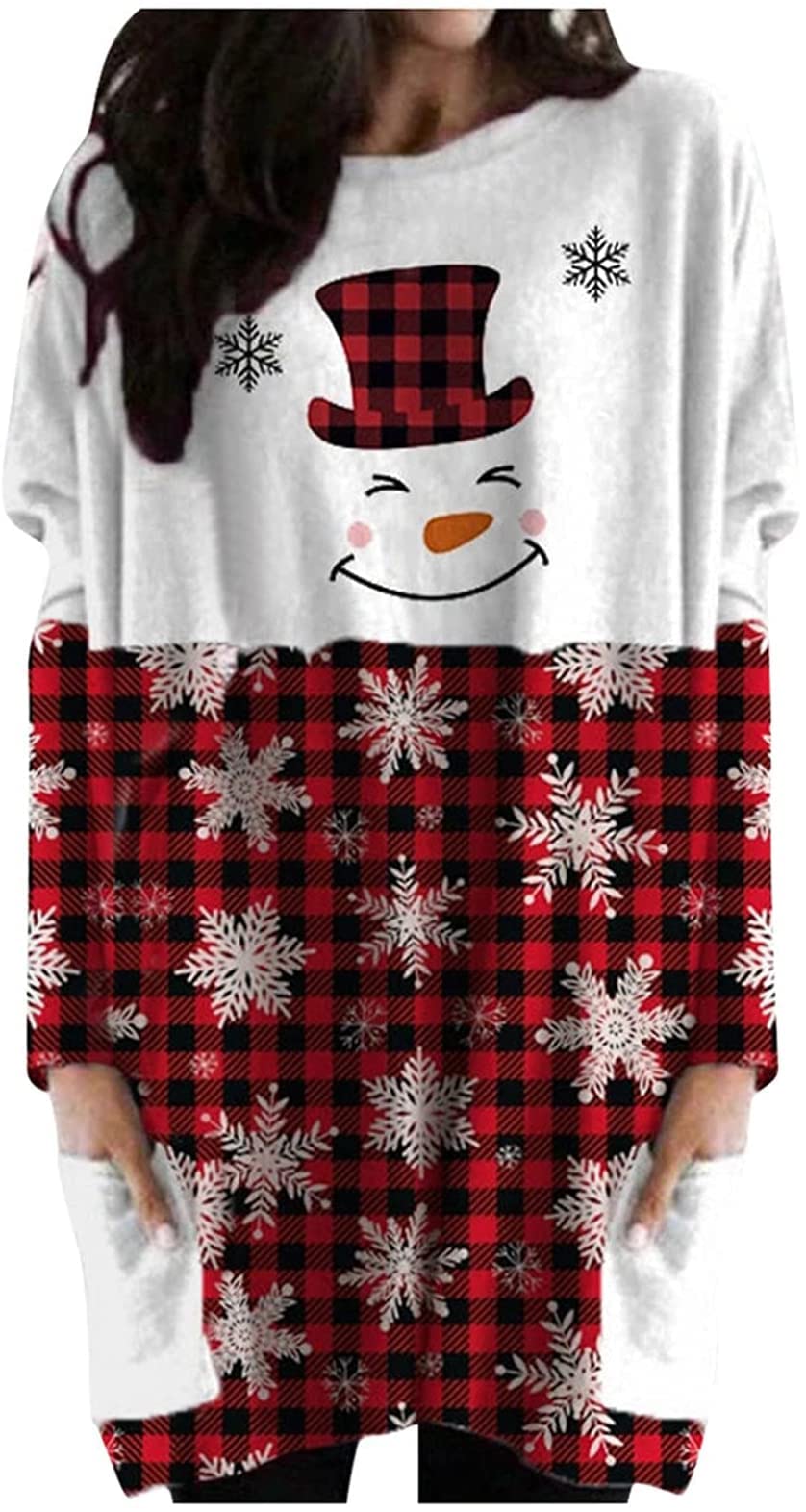 MOUSYA Women Dress Shirt Christmas Long Sleeve Tops Santa Printed Pullover Loose Plus Size T-Shirt Blouse with Pockets