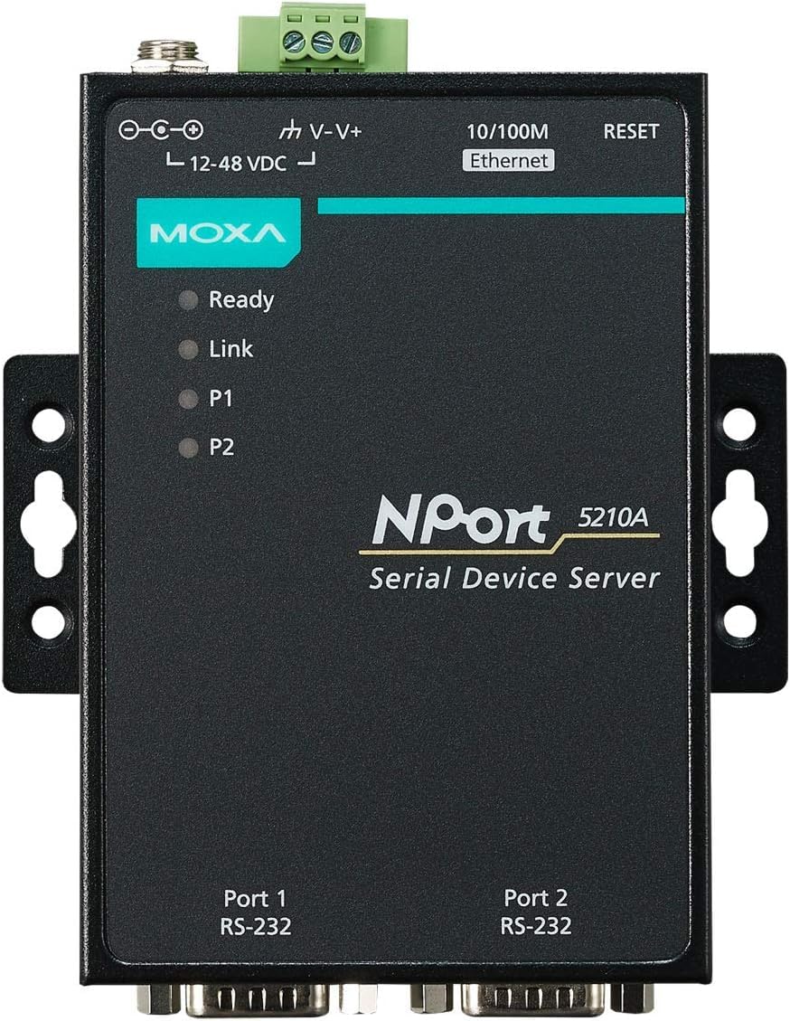 NPort 5210A 2 Ports Device Server, 10/100M Ethernet, RS-232, DB9 Male, 15KV ESD, 0.5KV Serial Surge, 12~48VDC, 0~60°C with Adapter